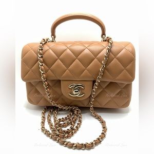 CHANEL Lambskin Mini Rectangular with Top Handle Caramel Beige / Gold Hardware